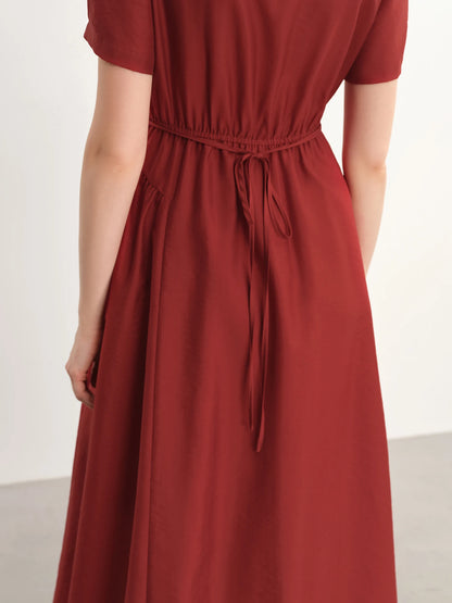 Dushu plus size feminino francês decote quadrado lado plissado elegante ancora vestido vermelho-2520 verão novos vestidos 25ds82788