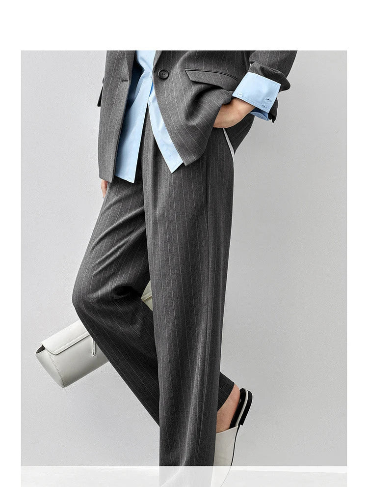 Sentubila feminino textura listrado calça ternos 2024 inverno entalhado pescoço único botão calças de perna reta 2 peça conjunto 143z56524