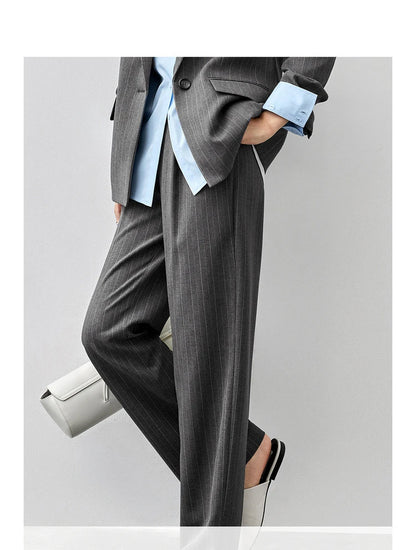 Sentubila feminino textura listrado calça ternos 2024 inverno entalhado pescoço único botão calças de perna reta 2 peça conjunto 143z56524