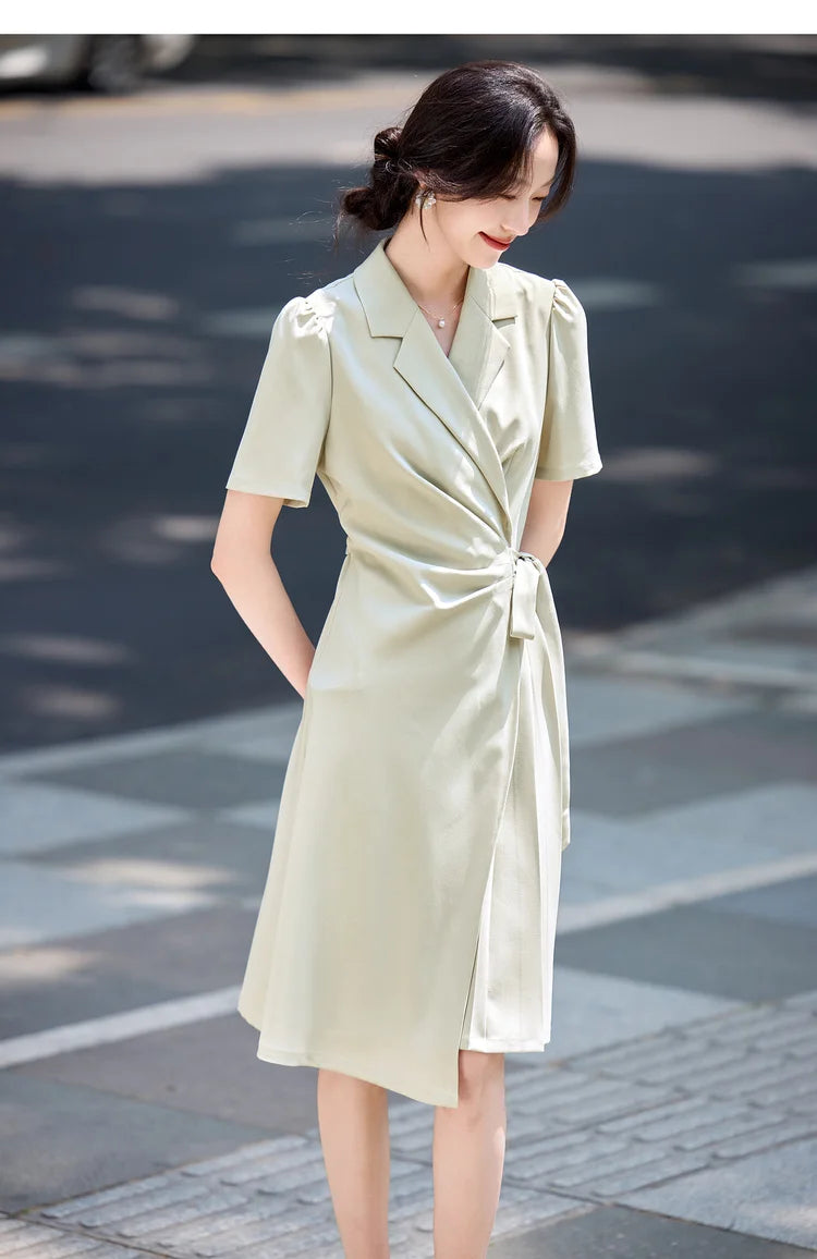 SENTUBILA vestido de verano 2025 mujer lugar de trabajo desplazamientos mangas abullonadas dobladillo Irregular atado cintura Cincher plisado vestidos Midi Q52LC0189