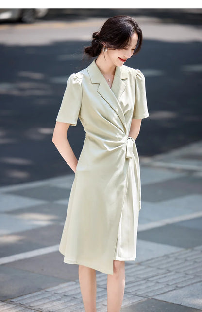 SENTUBILA vestido de verano 2025 mujer lugar de trabajo desplazamientos mangas abullonadas dobladillo Irregular atado cintura Cincher plisado vestidos Midi Q52LC0189