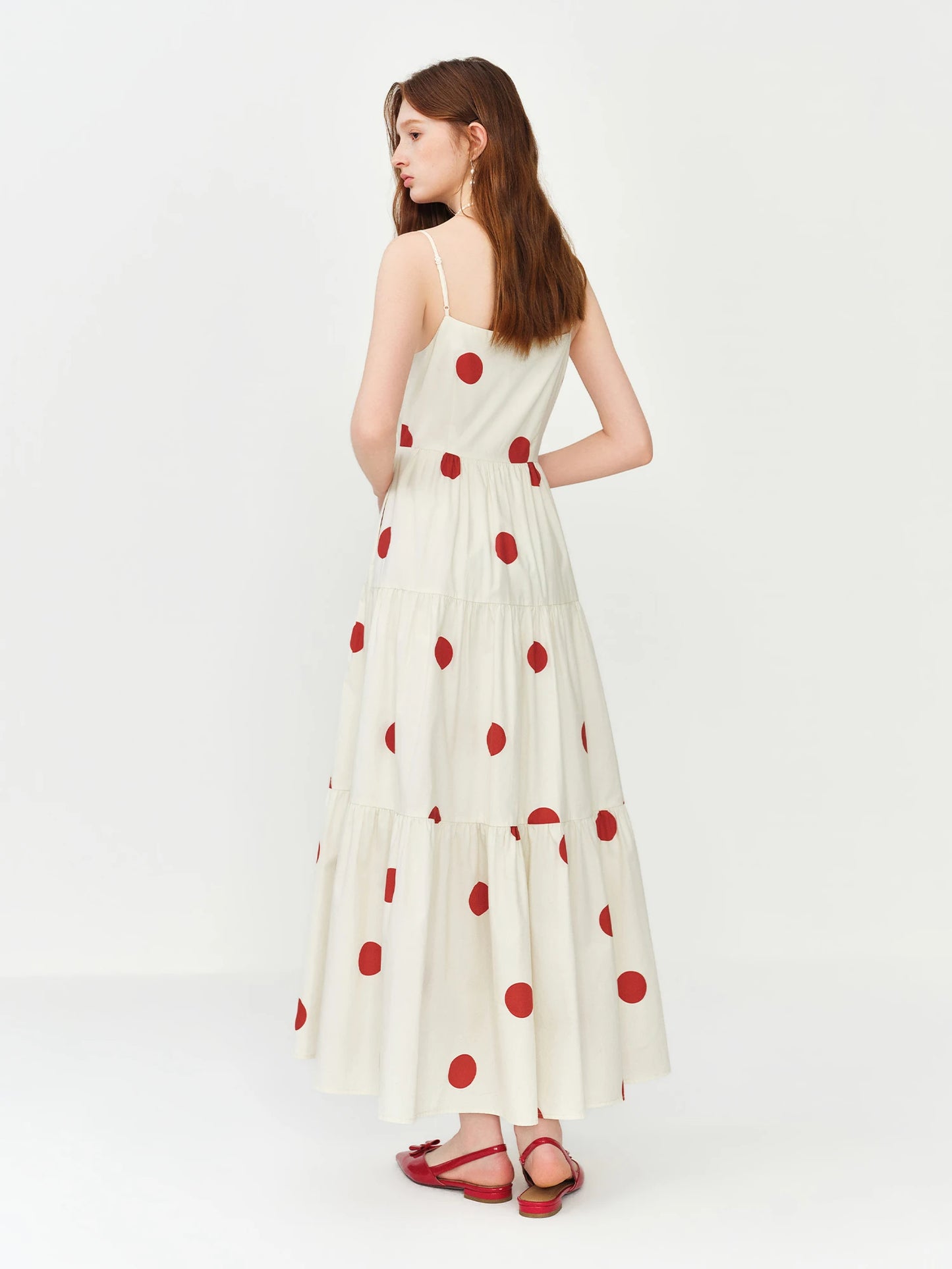 Vestido Longo Estilo Resort FSLE Vermelho com Poás, Decote Quadrado e Alças Ajustáveis para o Verão 2026 - Nova Chegada, Vestido Longo para Noite Romântica