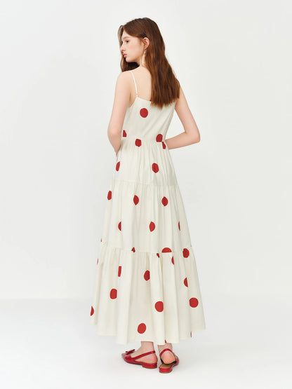 Vestido Longo Estilo Resort FSLE Vermelho com Poás, Decote Quadrado e Alças Ajustáveis para o Verão 2026 - Nova Chegada, Vestido Longo para Noite Romântica