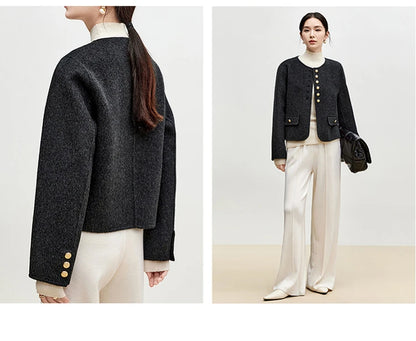 Sentubila casaco de lã de luxo para mulheres 2024 inverno gola redonda reta único breasted roupas femininas de alta qualidade w44o56591