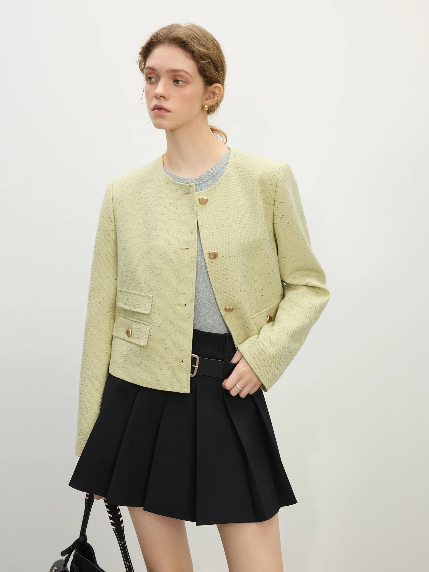 Fsle feminino 2025 primavera tweed jaquetas tempermanet feminino curto frente ombro casacos senhora do escritório casacos bege 25fs11348