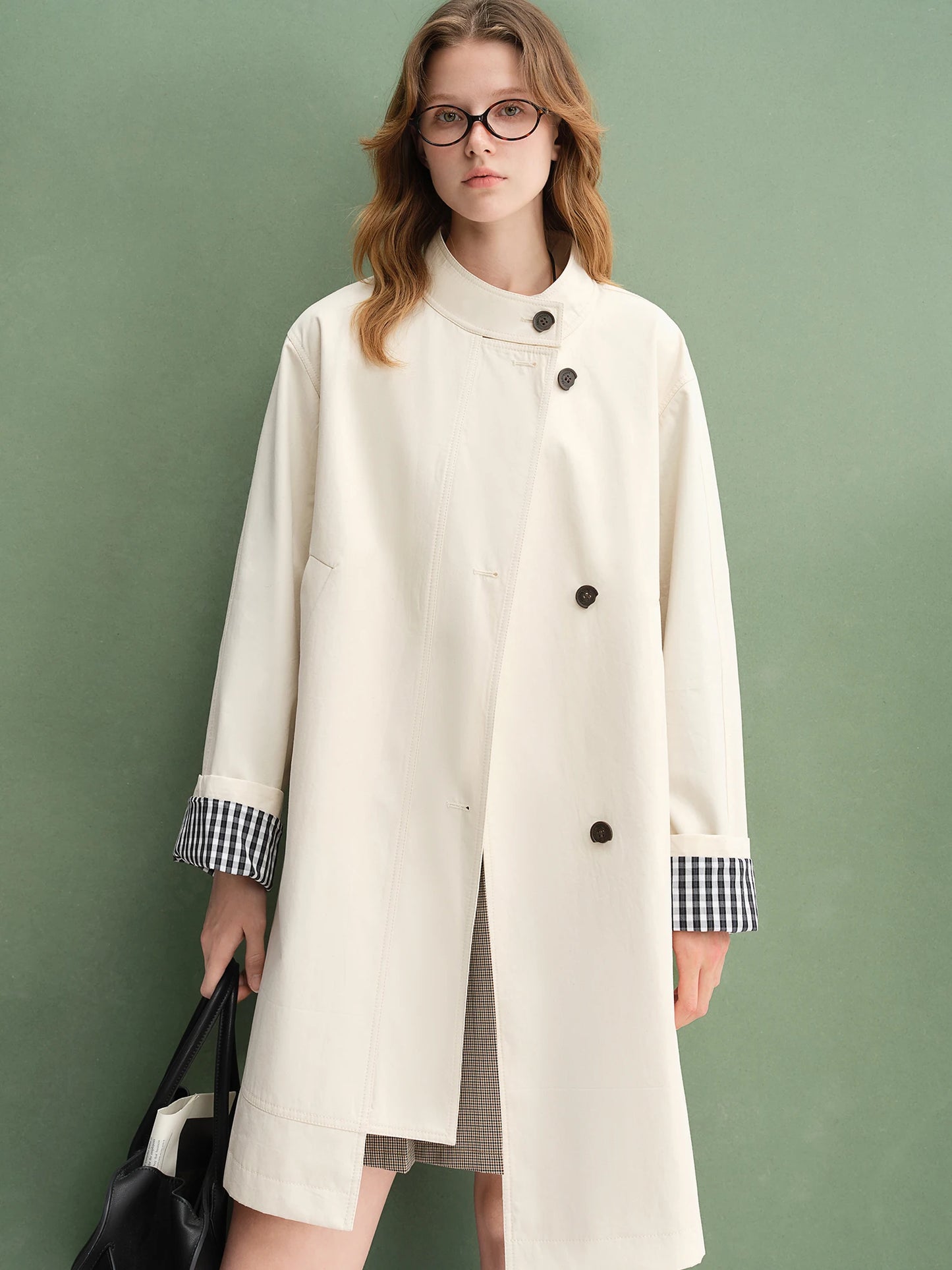Dushu outono 2025 feminino gola trench coat-ajuste relaxado xadrez retalhos solto outerwear casual blusão topo
