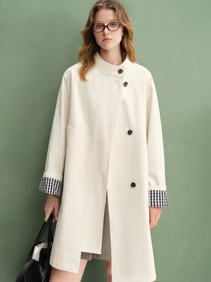 Dushu outono 2025 feminino gola trench coat-ajuste relaxado xadrez retalhos solto outerwear casual blusão topo