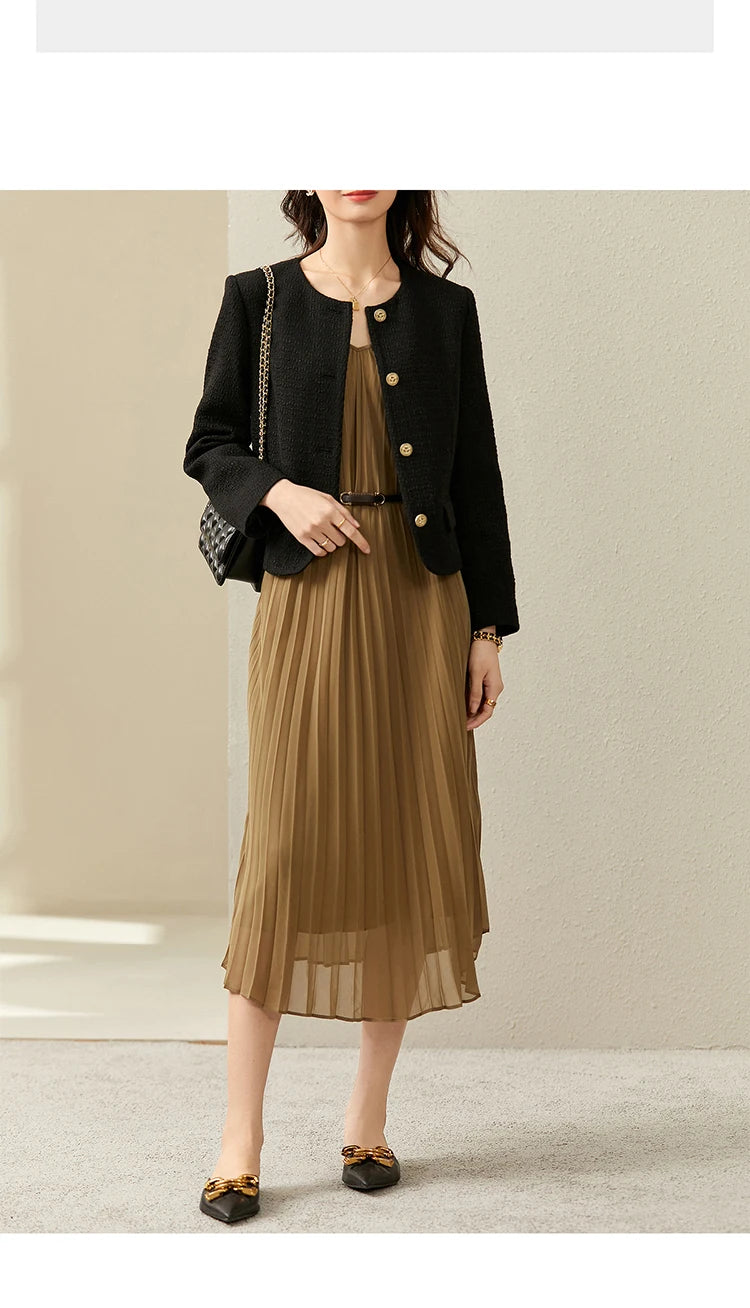 Sentubila preto recortado tweed jaqueta para mulher 2025 primavera único breasted moda estilo coreano casacos curtos outerwears 123w42756