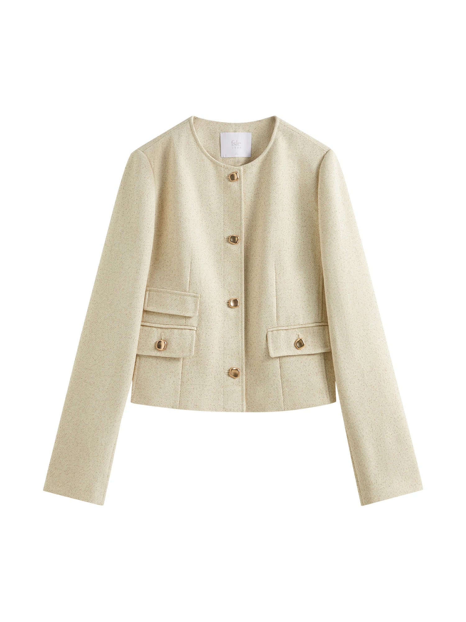Fsle feminino 2025 primavera tweed jaquetas tempermanet feminino curto frente ombro casacos senhora do escritório casacos bege 25fs11348