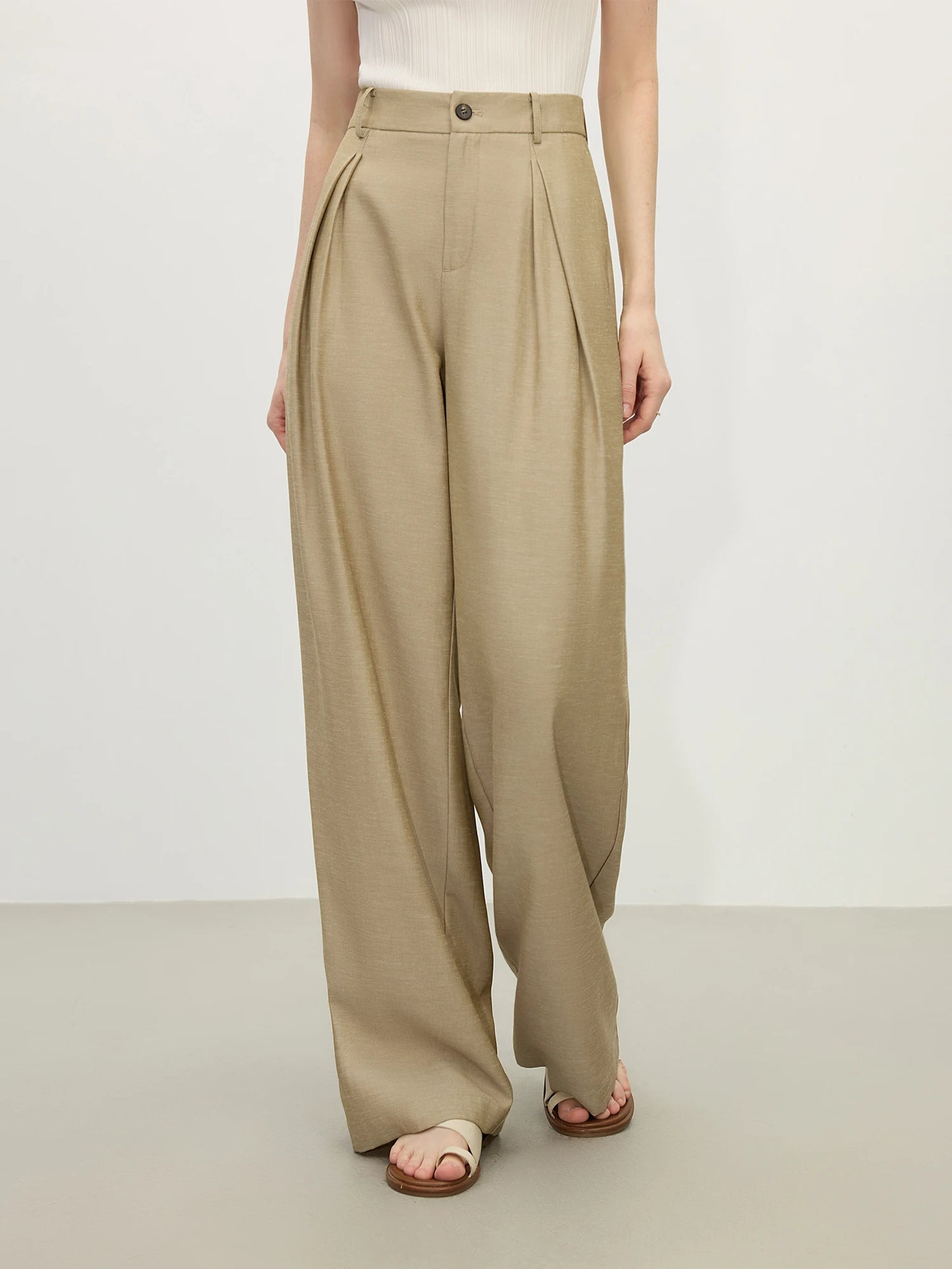 Calça Wide Leg Feminina Eco Linho Caqui - AlmaChic