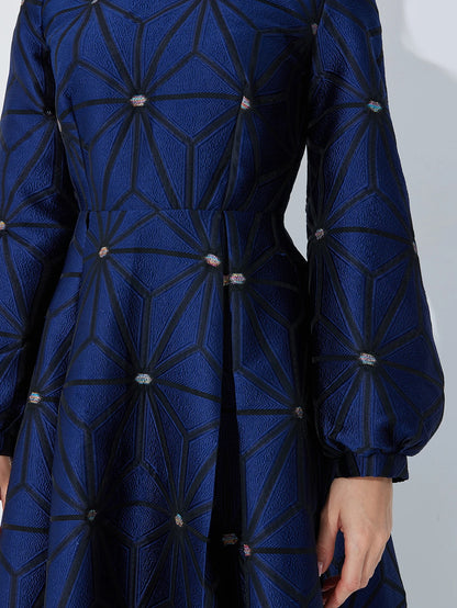 Outono/inverno gola virada manga forrada linha A silhueta geométrica jacquard pesado elegante e gracioso vestido longo