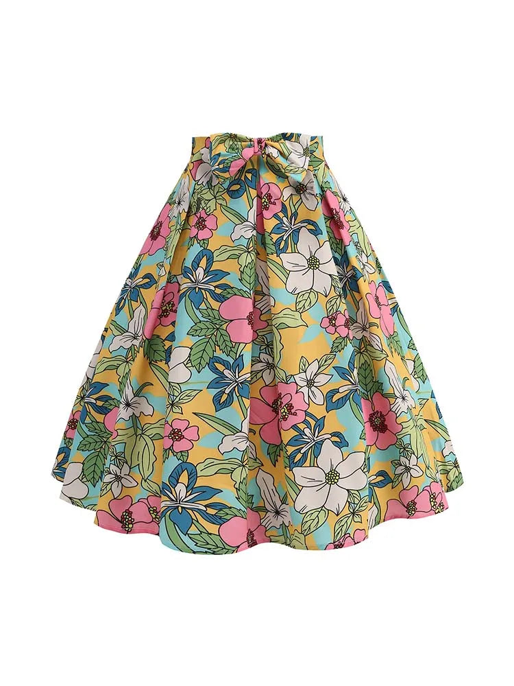 Saia de verão com estampa floral feminina cintura alta balanço 50s vintage retro rockabilly midi saias plissadas faldas