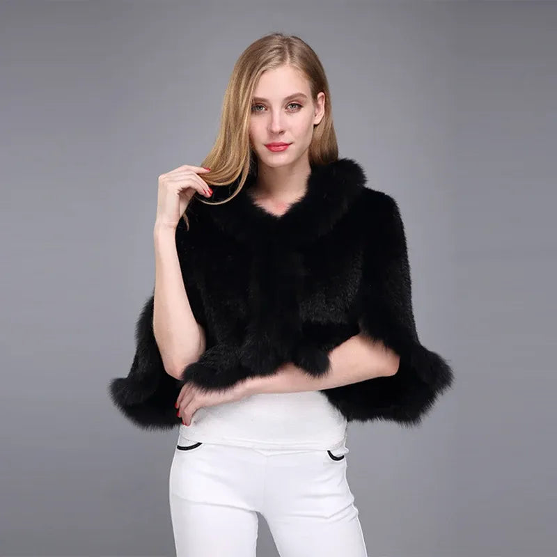 Poncho Casaco de Pele de Coelho e Raposa para Mulheres