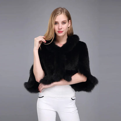 Poncho Casaco de Pele de Coelho e Raposa para Mulheres