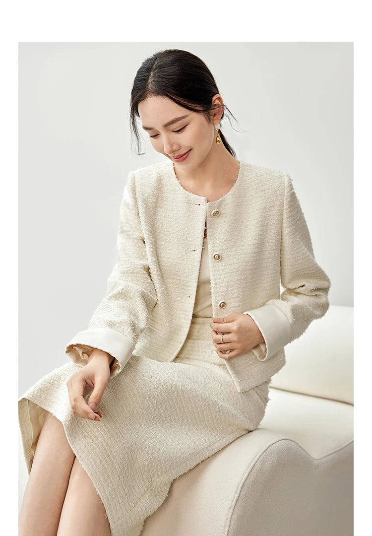 Sentubila conjunto de saia de tweed com textura feminina 2025 outono reto o pescoço jaquetas curtas fenda-hem saia longa conjuntos de 2 peças 143z56291