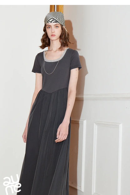 Toyoutth vestido feminino 2025 primavera novo falso duas peças cintura fina cor contrastante emenda u pescoço manga curta saia de comprimento médio