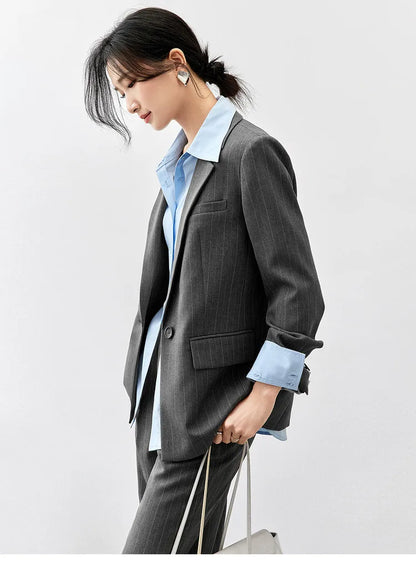 Sentubila feminino textura listrado calça ternos 2024 inverno entalhado pescoço único botão calças de perna reta 2 peça conjunto 143z56524