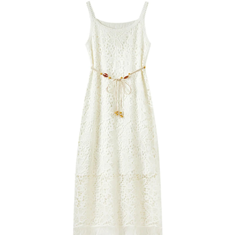 Sentubila boho deslizamento vestido feminino verão borla sem mangas vestido de verão 2025 nova coleção branco elegante rendas vestidos longos q52ld0165