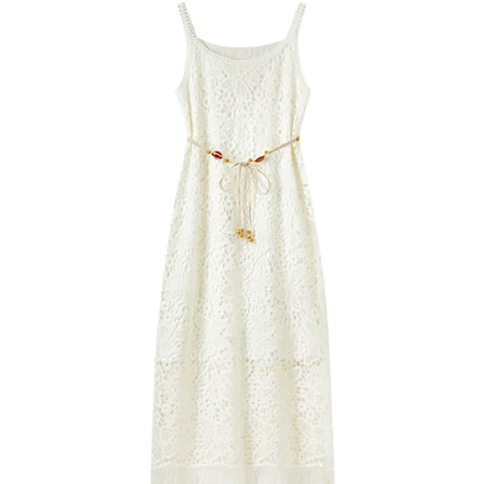 Sentubila boho deslizamento vestido feminino verão borla sem mangas vestido de verão 2025 nova coleção branco elegante rendas vestidos longos q52ld0165