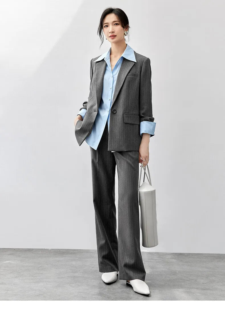 Sentubila feminino textura listrado calça ternos 2024 inverno entalhado pescoço único botão calças de perna reta 2 peça conjunto 143z56524