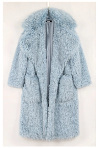 Lautaro inverno longo oversized rosa grosso quente macio desgrenhado fofo casaco de pele do falso feminino bolsos lapela solto doce bonito moda 2022