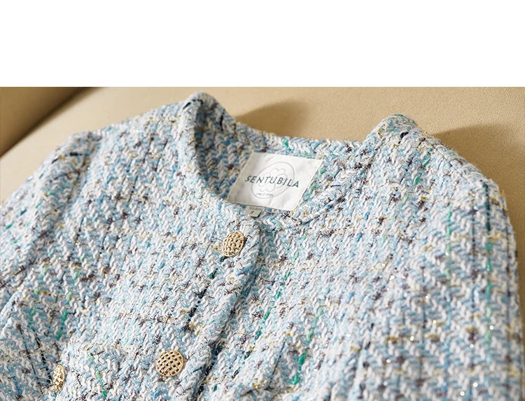 Sentubila recortado tweed jaqueta para mulher 2024 outono elegante moda outerwear o-pescoço casacos curtos roupas femininas 143w56772x