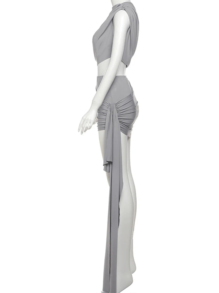 Estranho gato irregular ruched 2 peça conjunto feminino verão regatas + saias de fita lateral estiramento combinando casual simples roupas de rua