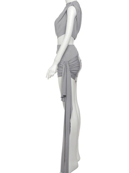 Estranho gato irregular ruched 2 peça conjunto feminino verão regatas + saias de fita lateral estiramento combinando casual simples roupas de rua