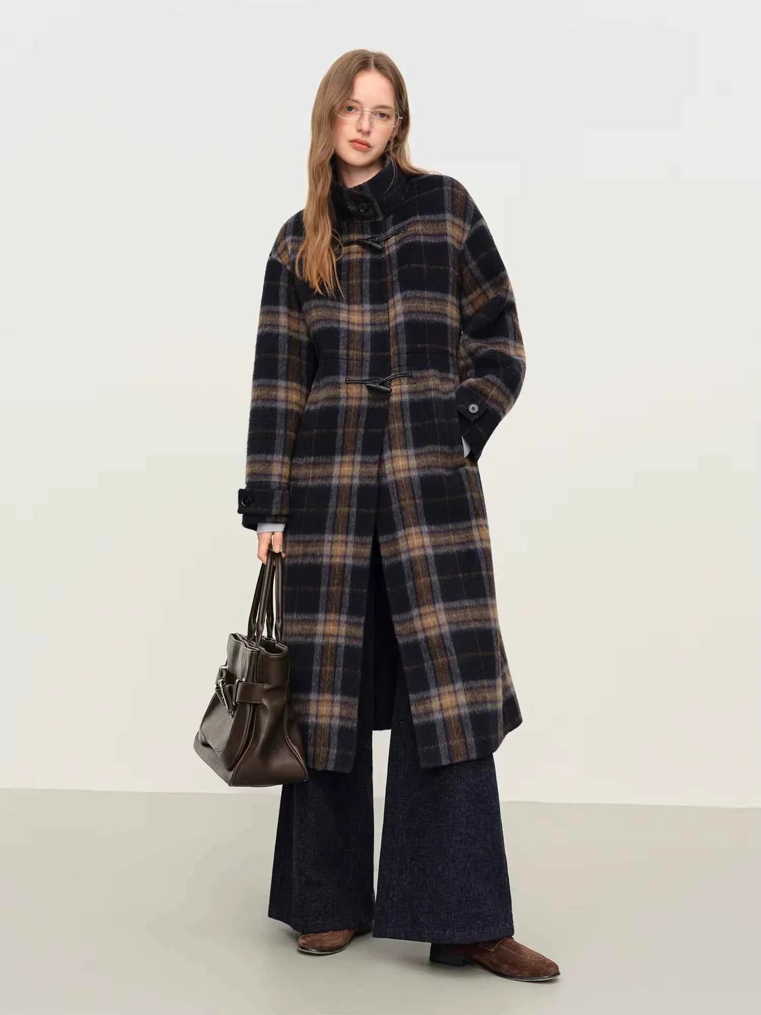 Casaco de Lã Xadrez Longo Feminino Helena Windsor