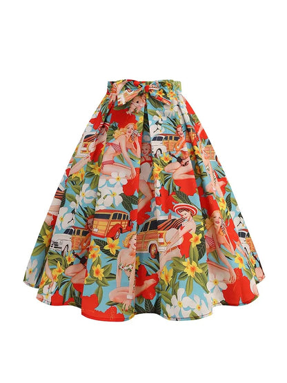 Saia de verão com estampa floral feminina cintura alta balanço 50s vintage retro rockabilly midi saias plissadas faldas
