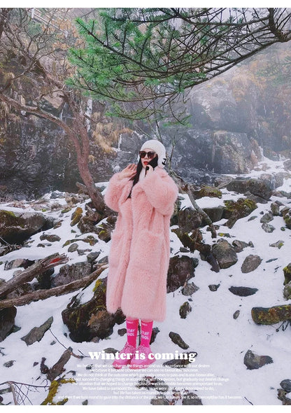 Lautaro inverno longo oversized rosa grosso quente macio desgrenhado fofo casaco de pele do falso feminino bolsos lapela solto doce bonito moda 2022