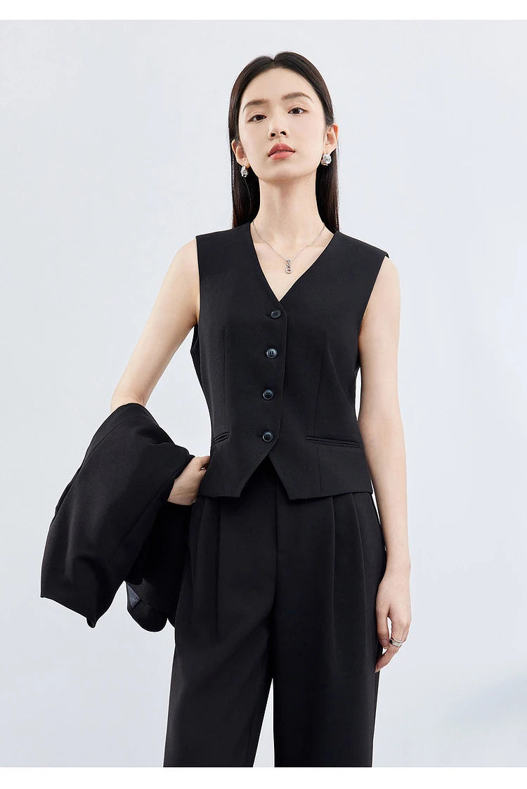 Sentubila mulher 3 peça conjunto roupas 2025 outono moda escritório wear preto colete blazer jaquetas perna larga calça conjunto 141z53019