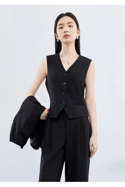 Sentubila mulher 3 peça conjunto roupas 2025 outono moda escritório wear preto colete blazer jaquetas perna larga calça conjunto 141z53019