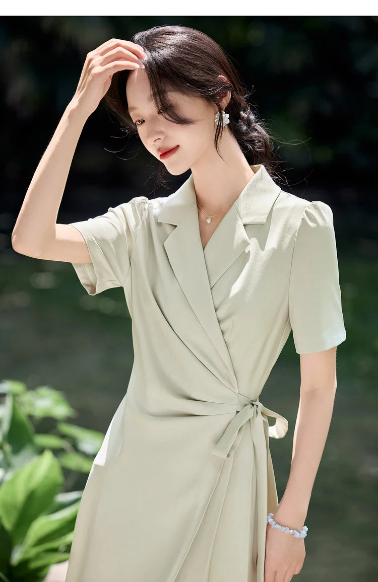 SENTUBILA vestido de verano 2025 mujer lugar de trabajo desplazamientos mangas abullonadas dobladillo Irregular atado cintura Cincher plisado vestidos Midi Q52LC0189