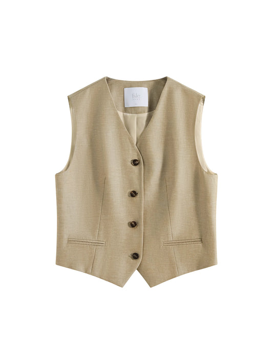 Fsle 2025 verão velho dinheiro colete calças de perna larga conjunto vintage sob medida de duas peças cintura ajustável eco linho para sala de tabuleiro para brunch