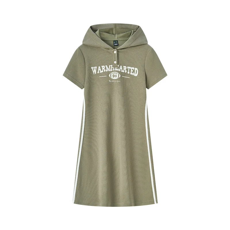 Vestido curto com capuz feminino, vestido semir, estampa de letras, tendência retrô, casual, fino, estilo esportivo, novo, verão, 2024