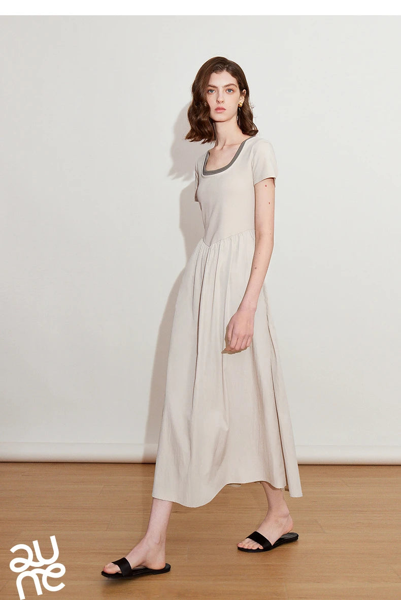 Toyoutth vestido feminino 2025 primavera novo falso duas peças cintura fina cor contrastante emenda u pescoço manga curta saia de comprimento médio