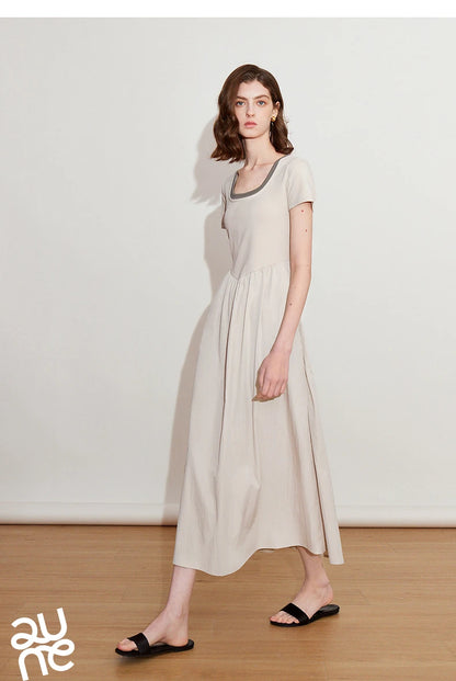 Toyoutth vestido feminino 2025 primavera novo falso duas peças cintura fina cor contrastante emenda u pescoço manga curta saia de comprimento médio