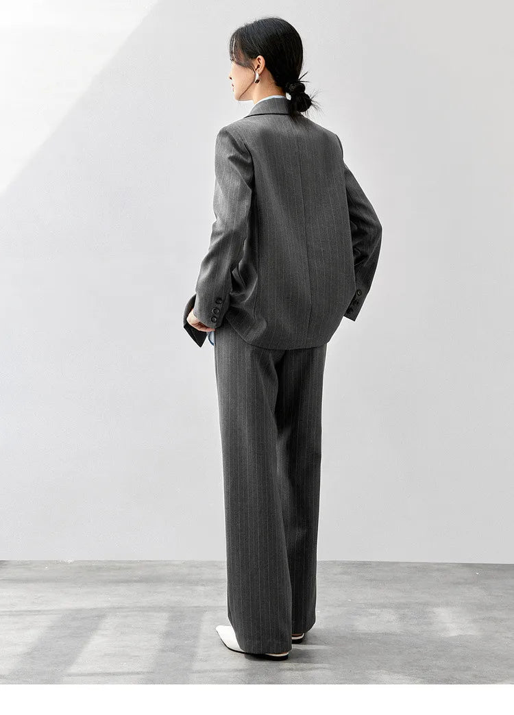 Sentubila feminino textura listrado calça ternos 2024 inverno entalhado pescoço único botão calças de perna reta 2 peça conjunto 143z56524