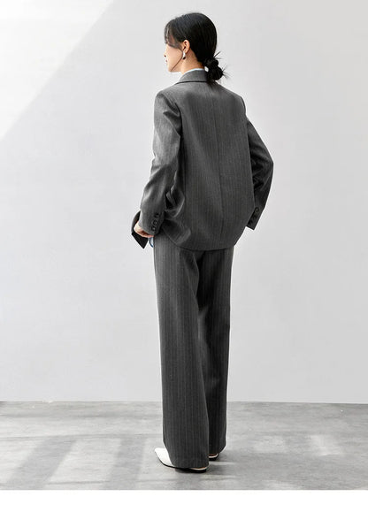 Sentubila feminino textura listrado calça ternos 2024 inverno entalhado pescoço único botão calças de perna reta 2 peça conjunto 143z56524