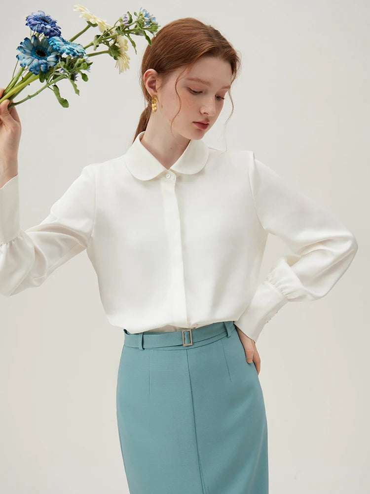 FSLE-Camisa de manga comprida Peter Pan Collar feminino, Chiffon Top, Branco Redutor de Idade, Camisas Femininas Versáteis, 24FS11104