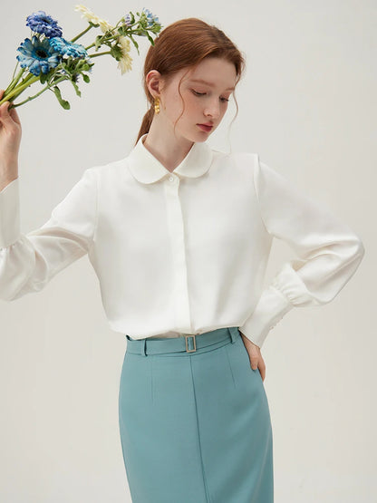 FSLE-Camisa de manga comprida Peter Pan Collar feminino, Chiffon Top, Branco Redutor de Idade, Camisas Femininas Versáteis, 24FS11104