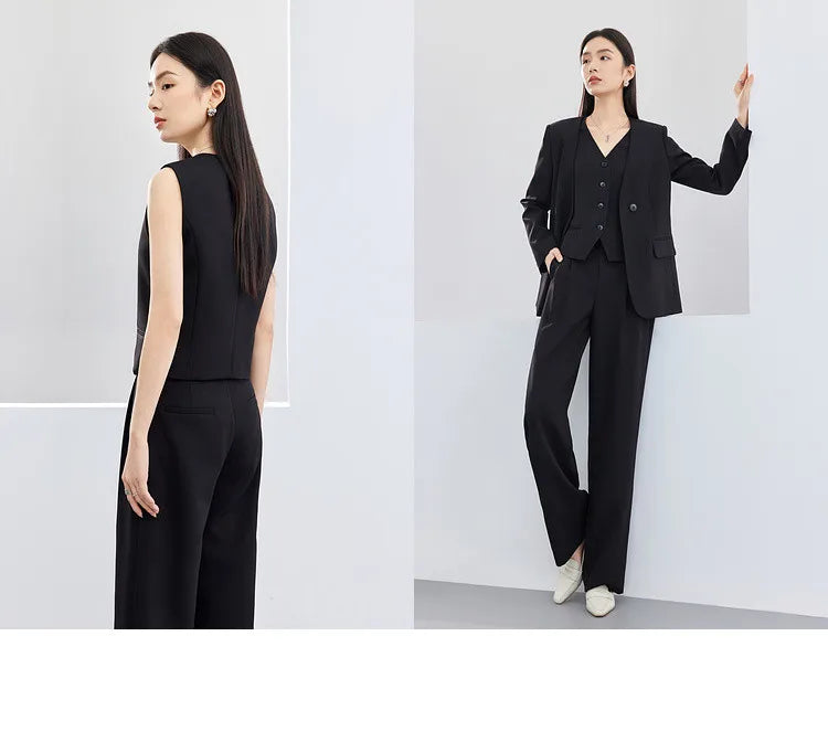 Sentubila mulher 3 peça conjunto roupas 2025 outono moda escritório wear preto colete blazer jaquetas perna larga calça conjunto 141z53019