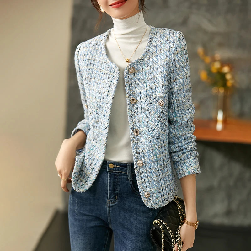 Sentubila recortado tweed jaqueta para mulher 2024 outono elegante moda outerwear o-pescoço casacos curtos roupas femininas 143w56772x
