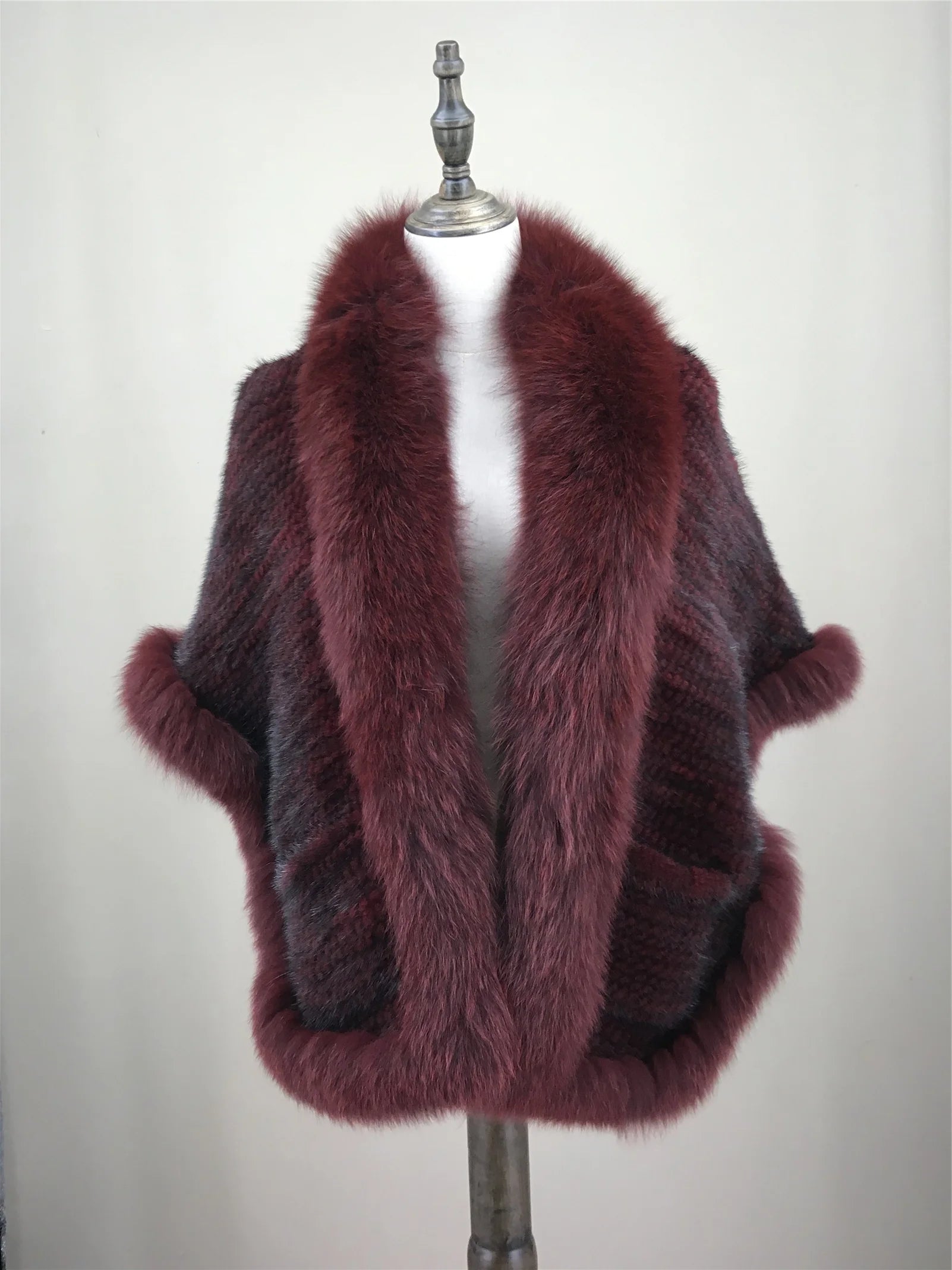 Xale de tricô de pele de vison real com gola de corte de pele de raposa, estola de capa frontal, xale branco coreano peludo luxuoso, inverno
