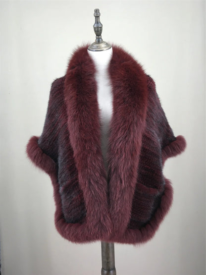 Xale de tricô de pele de vison real com gola de corte de pele de raposa, estola de capa frontal, xale branco coreano peludo luxuoso, inverno