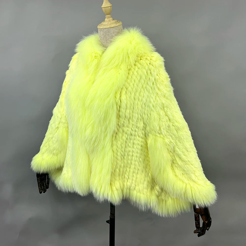 Novo real genuíno natural de malha pele de coelho xale casaco com gola de pele de raposa moda feminina capa de malha