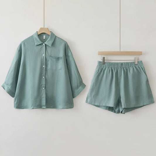 Conjuntos de shorts de blusa de linho casual de verão feminino 2025