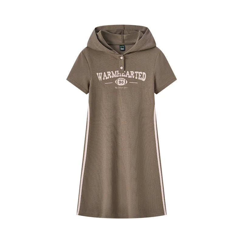 Vestido curto com capuz feminino, vestido semir, estampa de letras, tendência retrô, casual, fino, estilo esportivo, novo, verão, 2024