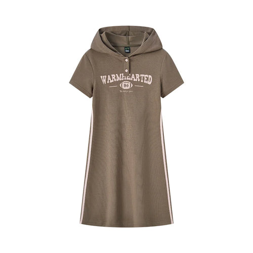 Vestido curto com capuz feminino, vestido semir, estampa de letras, tendência retrô, casual, fino, estilo esportivo, novo, verão, 2024